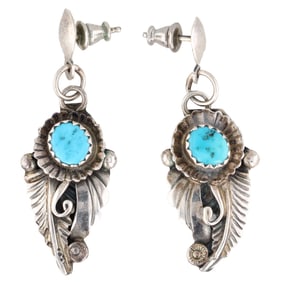 Signed T Navajo Sterling Turquoise Dangle Earrings