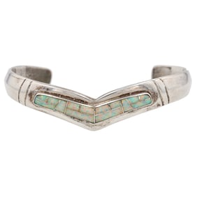 Signed Navajo Sterling Opal Inlay Cuff Bracelet