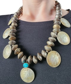 318g! Navajo Turquoise Sterling Handmade 1940's Mercury Dime and Walking Liberty Half Dollar Coin