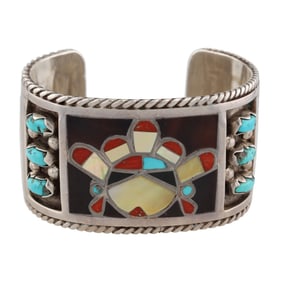 Filbert & Clara Gasper Zuni Sterling Multi Stone Inlay Sunface Cuff Bracelet
