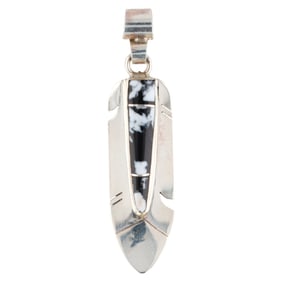 Signed Navajo Sterling White Buffalo Turquoise Feather Pendant