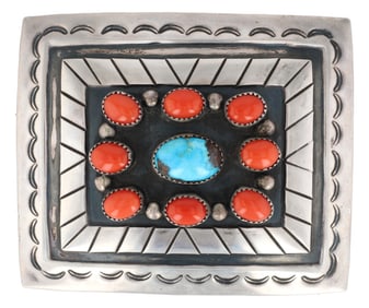 Larry Bill Tom Navajo Sterling Coral Turquoise Belt Buckle