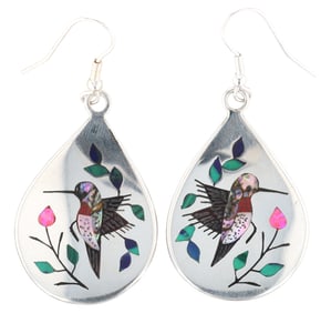 Raymond Boyd Zuni Sterling Multi Stone Inlay Hummingbird Earrings
