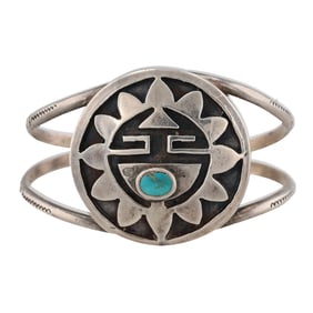 Vintage Navajo Sterling Turquoise Sunface Overlay Cuff Bracelet