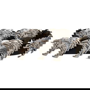 James Shay Navajo Sterling Spirit Bear Concho Belt: Handsome! James Shay Navajo Sterling Spirit Bear Concho Belt | Materials: Sterling, Leather | Weight: 579gMeasurements: Overall length 43 1/2 inches. Each panel is approximately 3 1/2 x 2 1/4 inches.