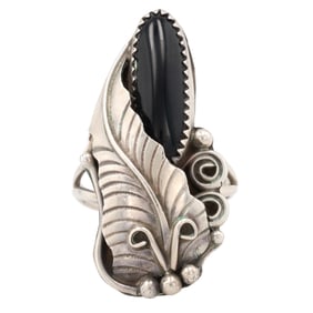 Harrison Yazzie Navajo Sterling Onyx Leaf Ring Sz 8