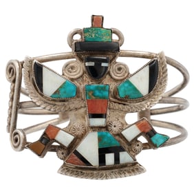 Vintage Zuni Sterling Multi Stone Inlay Knifewing Cuff Bracelet