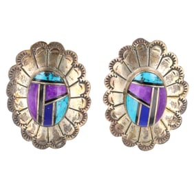 Pete Sanchez Isleta Pueblo Sterling Multi Stone Inlay Concho Earrings