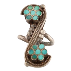 Vintage Dishta Zuni Sterling Turquoise Double Flower Inlay Ring Sz 4.75