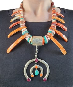 Jolene Bird & Kevin Rey Coriz Santo Domingo Sterling Spiny Oyster Tab Heishi Necklace