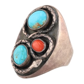 Vintage Navajo Sterling Turquoise Coral Snake Ring Sz 9