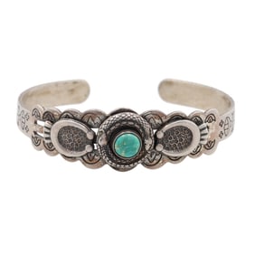 Fred Harvey Era Sterling Stamped Turquoise Snake Cuff Bracelet