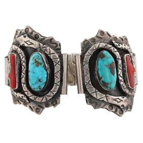 Vintage Navajo Sterling Turquoise Coral Snake Watch Tips