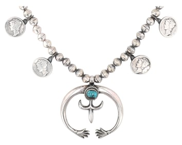 Vintage Navajo Sterling Turquoise Mercury Dime Squash Blossom Necklace