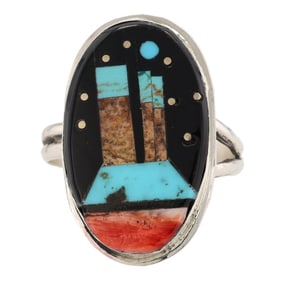 Gilbert Smith Navajo Sterling Multi Stone Inlay Pueblo Adjustable Ring
