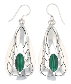 Navajo Sterling Malachite Stamped Dangle Earrings