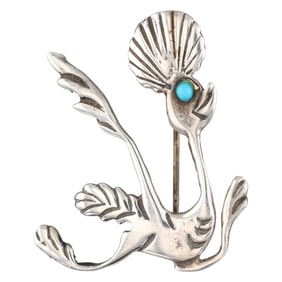Vintage Navajo Sterling Turquoise Roadrunner Brooch