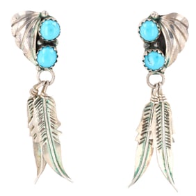Navajo Sterling Turquoise Feather Dangle Earrings