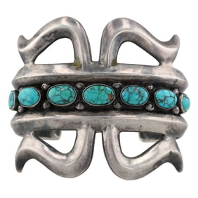 Navajo Sterling Sandcast Turquoise Cuff Bracelet