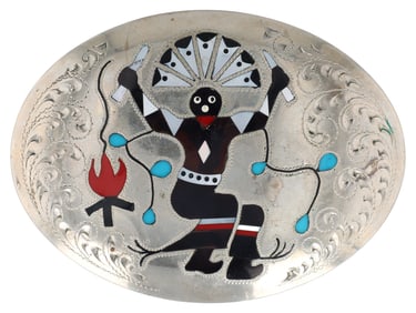 Vintage Zuni Sterling Multi Stone Inlay Gaan Dancer Belt Buckle