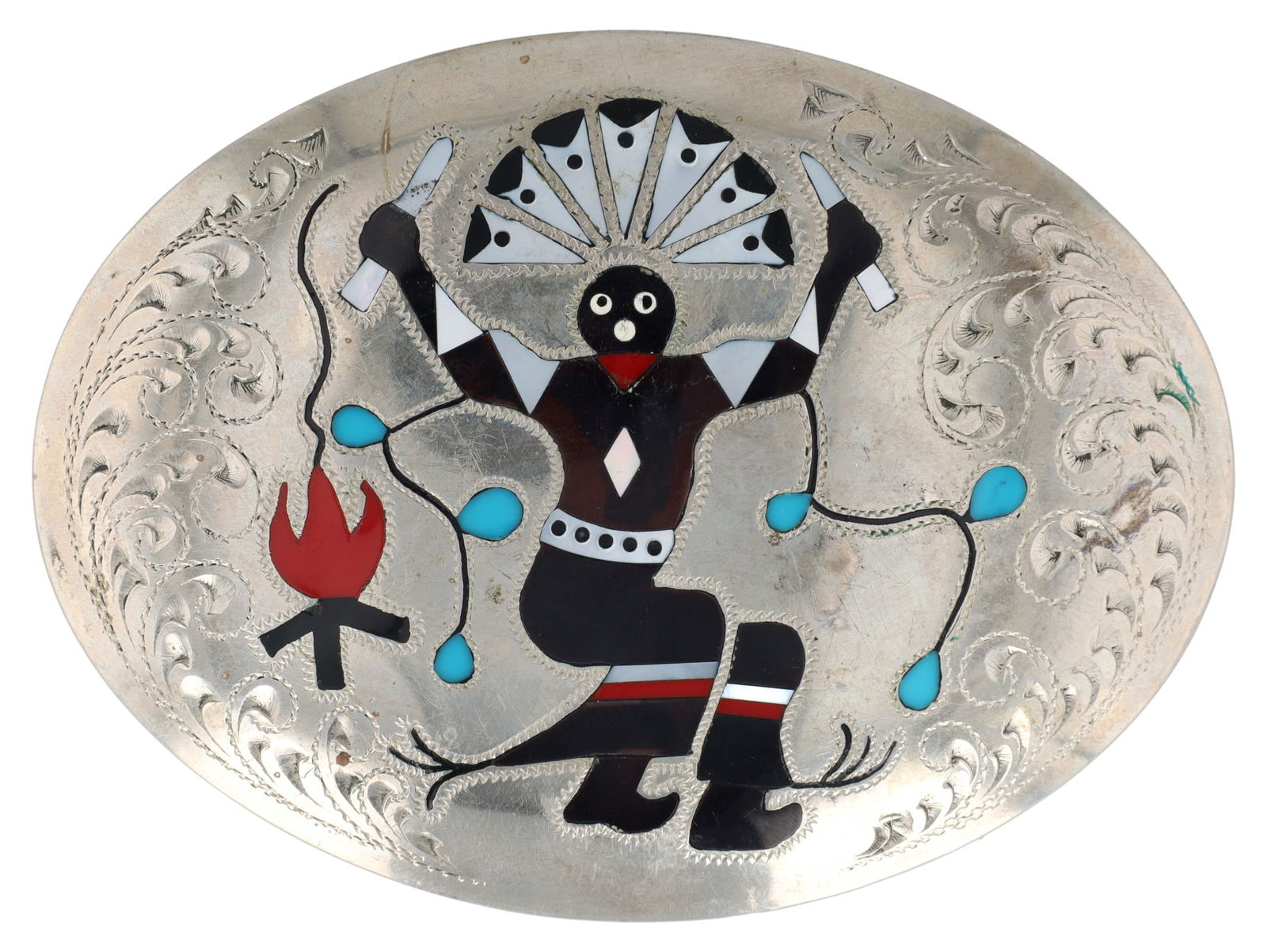 Vintage Zuni Sterling Multi Stone Inlay Gaan Dancer Belt Buckle (1 of 3)