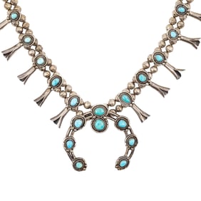Vintage Navajo Sterling Turquoise Squash Blossom Necklace