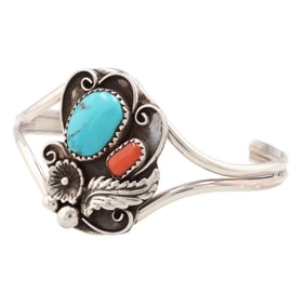 Anna Begay Navajo Sterling Turquoise Coral Cuff Bracelet