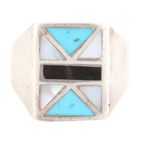 Vintage Navajo Sterling Multi Stone Inlay Men's Ring Sz 10.5
