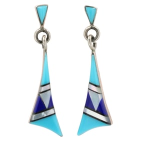 Sally Yazzie Navajo Sterling Multi Stone Inlay Earrings
