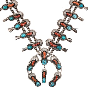 Huge Gene Natan Navajo Sterling Turquoise and Coral Squash Blossom Necklace
