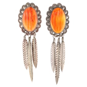 Navajo Sterling Spiny Oyster Dangle Earrings