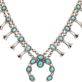 Vintage Navajo Sterling Turquoise Squash Blossom Necklace