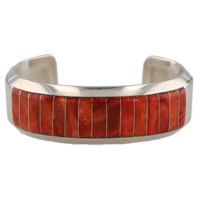 Signed WS Navajo Sterling Spiny Oyster Inlay Cuff Bracelet