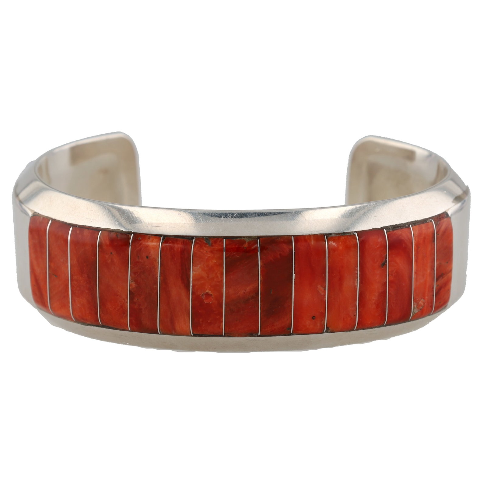 Signed WS Navajo Sterling Spiny Oyster Inlay Cuff Bracelet (1 of 7)