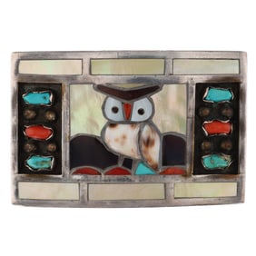 Filbert & Clara Gasper Zuni Sterling Multi Stone Inlay Owl Belt Buckle