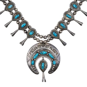 Vintage Navajo Sterling Turquoise Squash Blossom Necklace