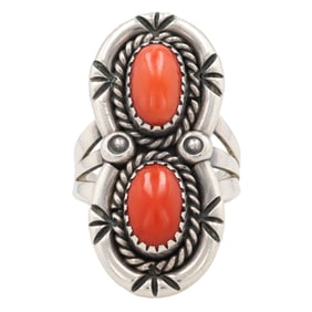Navajo Sterling Coral Ring Sz 7.5
