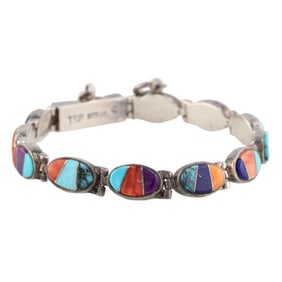 M Manuelito Navajo & TSF Sterling Multi Stone Inlay Link Bracelet