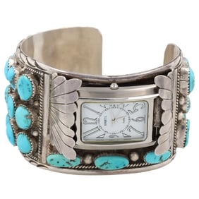 Navajo Sterling Turquoise Cluster Watch Cuff Bracelet