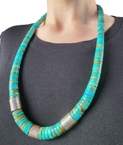 Signed TR Santo Domingo Sterling Barrel Bead Turquoise Heishi Necklace