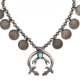 Vintage Navajo Sterling Buffalo Nickel Turquoise Yei Squash Blossom Necklace