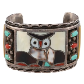 Filbert & Clara Gasper Zuni Sterling Multi Stone Inlay Owl Cuff Bracelet