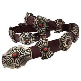 Calvin Martinez Navajo Sterling Hand Stamped Coral Concho Belt