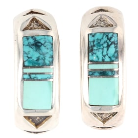 Ray Tracey Knifewing Navajo Sterling Turquoise Inlay Earrings