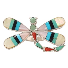 Angus Ahiyite Zuni Sterling Multi Stone Inlay Dragonfly Ring Sz 7