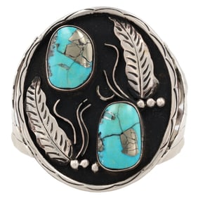 Navajo Sterling Morenci Turquoise Feather Cuff Bracelet