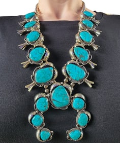 Navajo Sterling Turquoise Squash Blossom Necklace