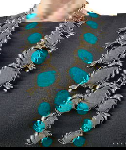 Navajo Sterling Turquoise Squash Blossom Necklace: Navajo Sterling Turquoise Squash Blossom Necklace | Materials: Sterling, Turquoise | Weight: 250g! | Notes: Consignor reports recently cleaning/polishing necklace, approximately 3 stones have small fr