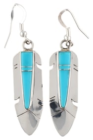 Signed Navajo Sterling Kingman Turquoise Feather Earrings