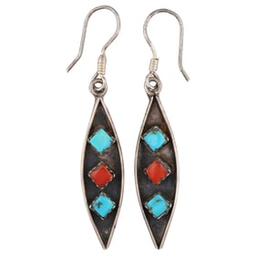 Vintage Navajo Sterling Turquoise Coral Dangle Earrings